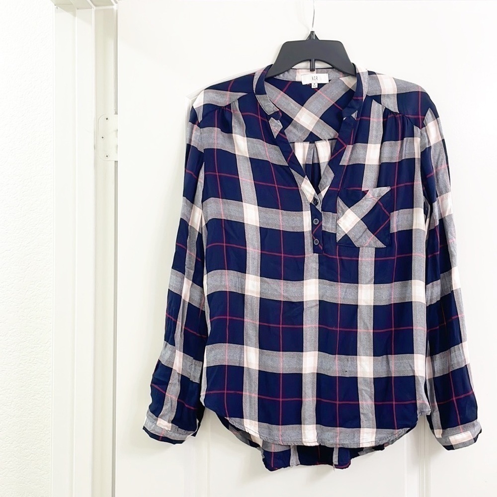 NSR plaid print half button down long sleeve top